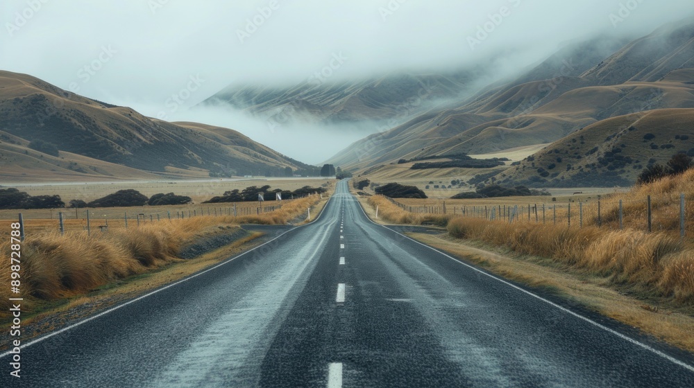 Asphalt Road Through Foggy Hills Asphalt Road Through Foggy Hills