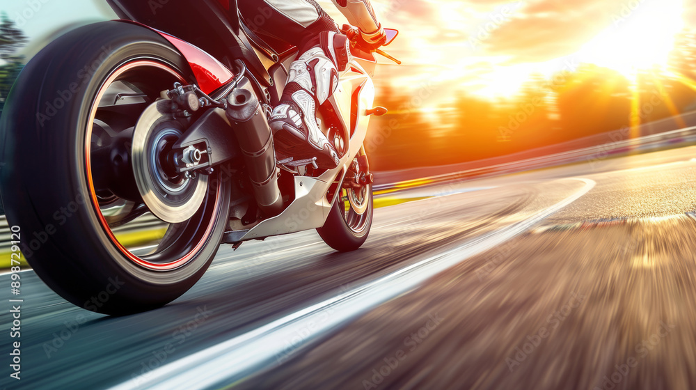 Sport bike cornering at high speed on race track with motion blur. Sport bike cornering at high speed on race track with motion blur.