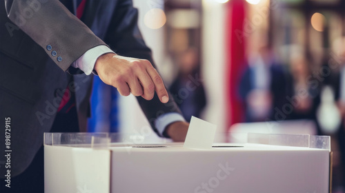 Male citizen throws a ballot paper into a ballot box at a polling station. Concept of presidential or parliamentary elections.