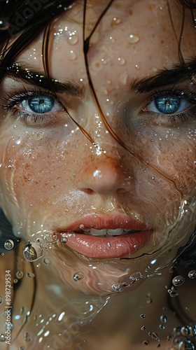 the face of woman with beautiful blue eyes, in water, in the style of dystopian realism, realistic perspective
