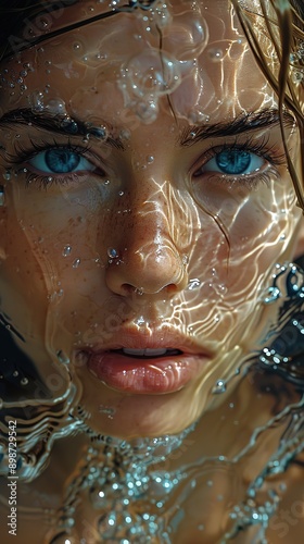 the face of woman with beautiful blue eyes, in water, in the style of dystopian realism, realistic perspective