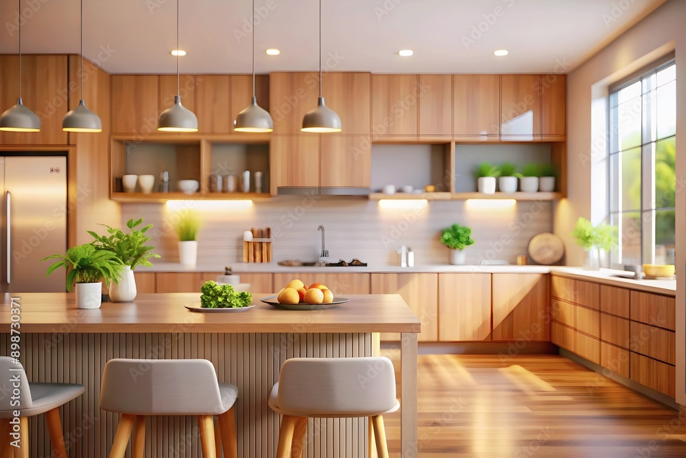 Modern Kitchen Interior Design with Wooden Cabinets and Island. Modern Kitchen Interior Design with Wooden Cabinets and Island.