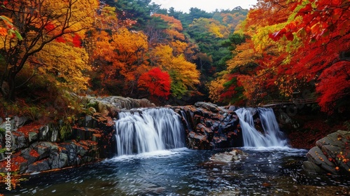 Autumn Waterfall in a Forest