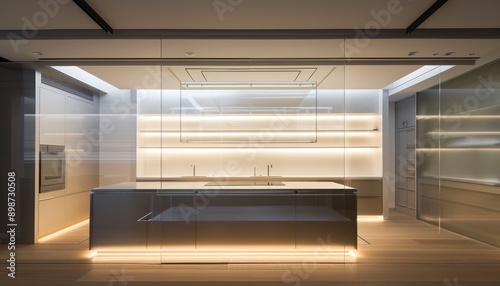 transparent lighting box on empty space, minimal interior