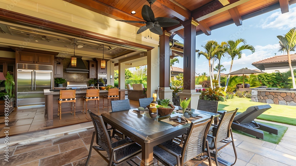 Naklejka premium Ceiling fan wonderful gathering and eating area in back of luxury home