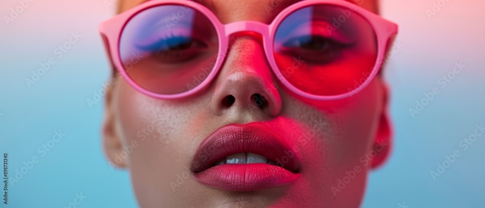 A woman's face, tightly framed Pink sunglasses perch on her nose Blue background A woman's face, tightly framed Pink sunglasses perch on her nose Blue background