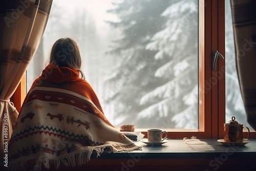 very detailed photo view from back Woman in scandinavian style poncho sitting at home by window with cup of coffee photo