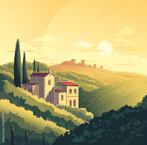 Rural summer landscape is (presumably European), with grape plantations and provincial buildings. Vector illustration.