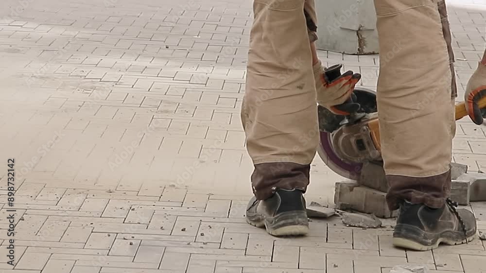 worker in overalls cuts paving slabs on construction site with grinder, slow motion worker in overalls cuts paving slabs on construction site with grinder, slow motion