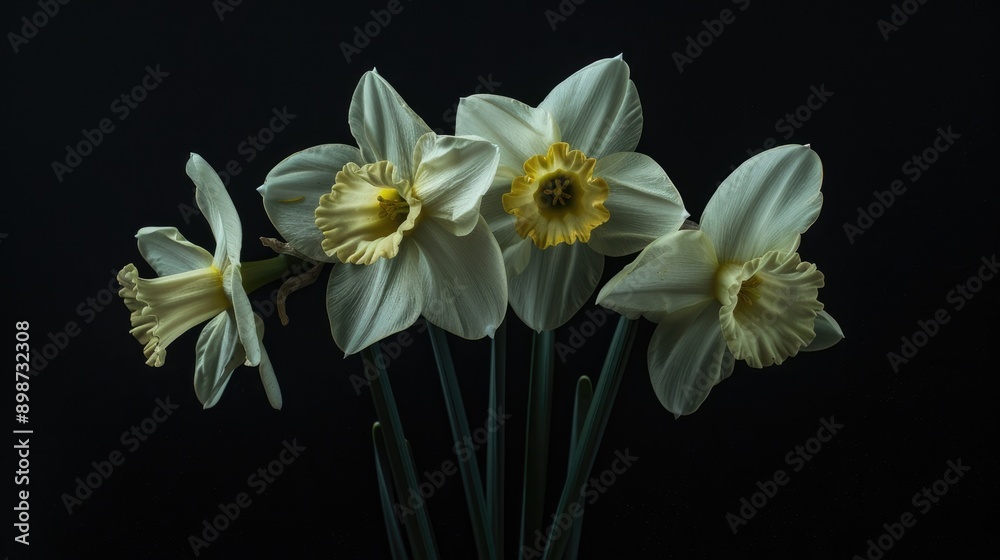 Daffodils in white and yellow against a dark black backdrop Daffodils in white and yellow against a dark black backdrop