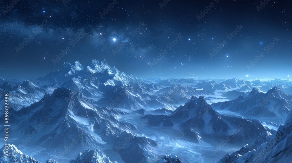 Cold and alien landscape showing mountain peaks covered in snow under a starry sky Cold and alien landscape showing mountain peaks covered in snow under a starry sky