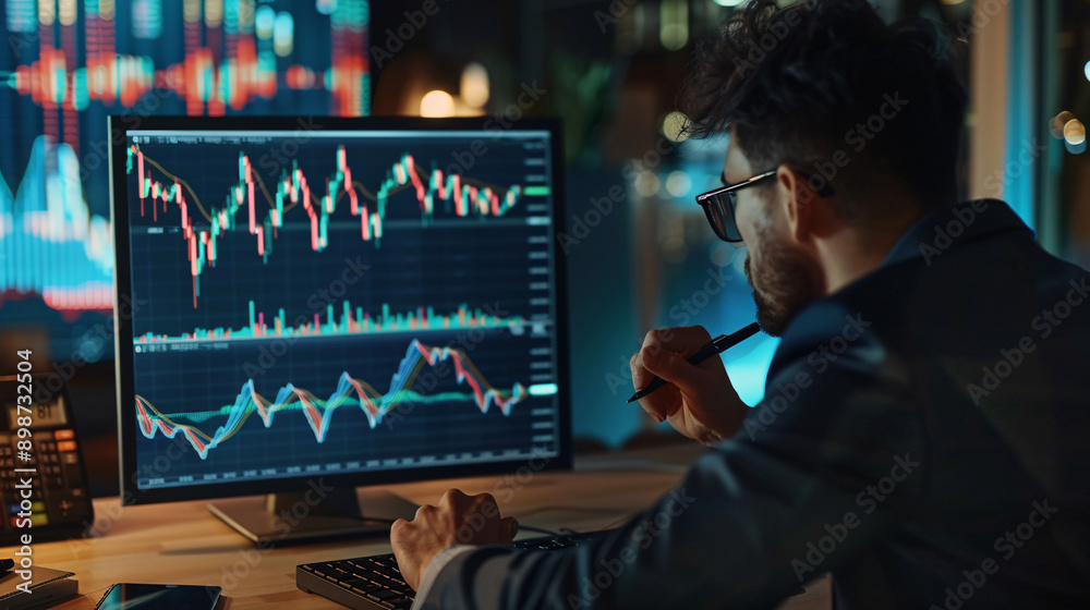 A high-definition image of a business professional reviewing stock performance reports and graphs at their desk 