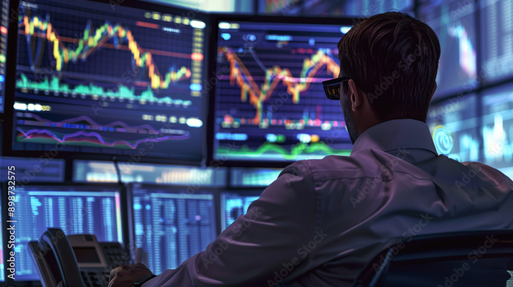 A realistic image of a financial analyst studying stock market charts on multiple computer screens, with an office background A realistic image of a financial analyst studying stock market charts on multiple computer screens, with an office background