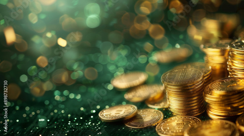 Bitcoin abstract gold coin rotation on green background. Close up macro symbol about finance and money, casino