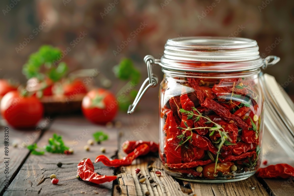A close shot of traditional Italian sun dried tomatoes in a glass jar on wooden table home storage A close shot of traditional Italian sun dried tomatoes in a glass jar on wooden table home storage