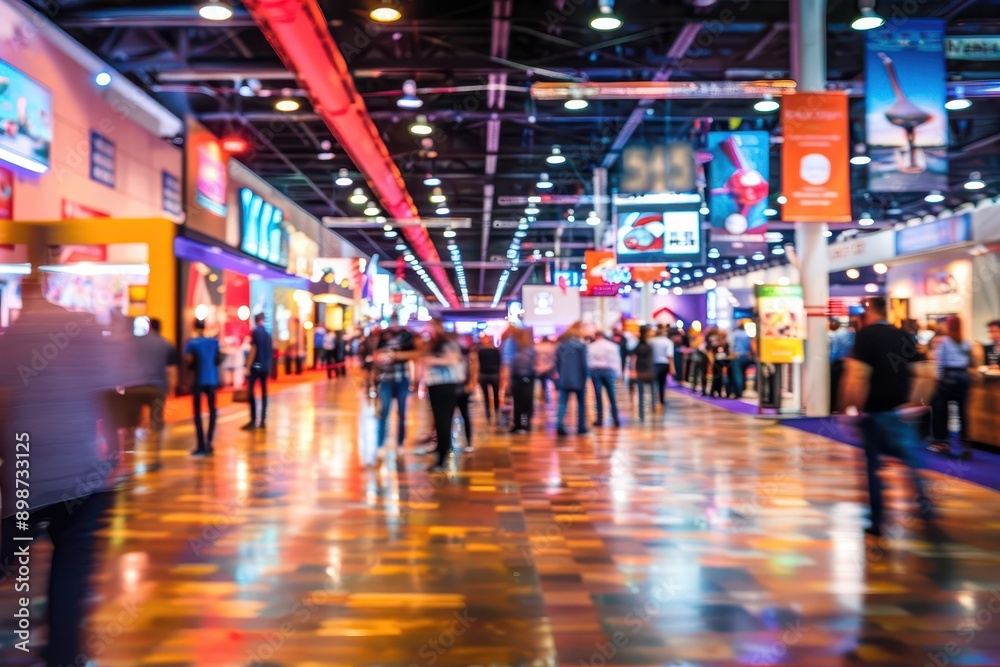 bustling convention center filled with rows of colorful exhibits blurred figures of attendees weaving through aisles overhead banners and signage creating a dynamic atmosphere bustling convention center filled with rows of colorful exhibits blurred figures of attendees weaving through aisles overhead banners and signage creating a dynamic atmosphere