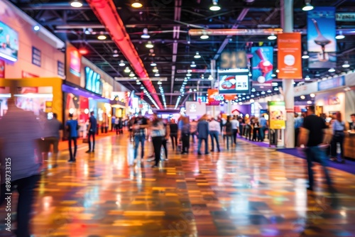 Wallpaper Mural bustling convention center filled with rows of colorful exhibits blurred figures of attendees weaving through aisles overhead banners and signage creating a dynamic atmosphere Torontodigital.ca