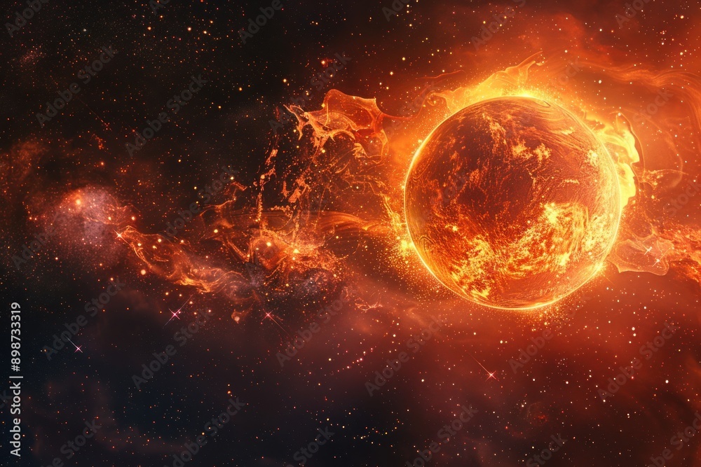 A fiery planet in space, half engulfed in flames with a backdrop of stars and cosmic dust, depicting a dramatic A fiery planet in space, half engulfed in flames with a backdrop of stars and cosmic dust, depicting a dramatic