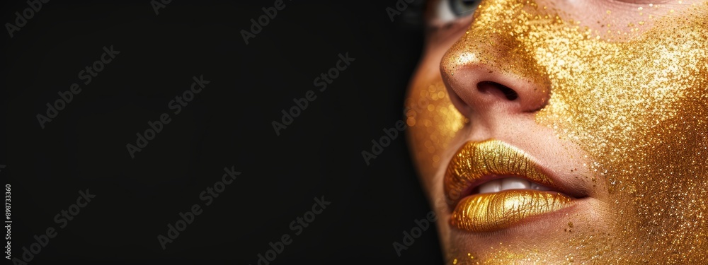  A tight shot of a woman's face adorned with gold paint and glistening gold lip gloss