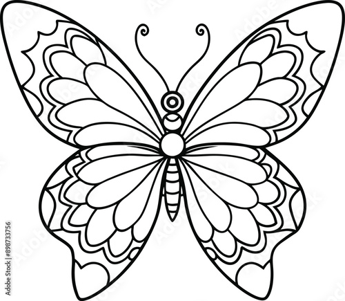 butterfly coloring page kids friendly simple line art cute flying insects with geometric flower mandala design pattern minimal clipart art KDP coloring interior