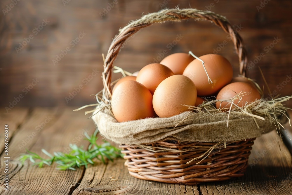 A wicker basket filled with fresh brown eggs placed on a rustic kitchen table, ready for cooking or baking A wicker basket filled with fresh brown eggs placed on a rustic kitchen table, ready for cooking or baking
