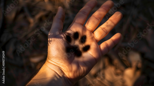 Human hand with the shadow of a dog's paw print on it, symbolizing the bond between humans and dogs on World Dog Day.
