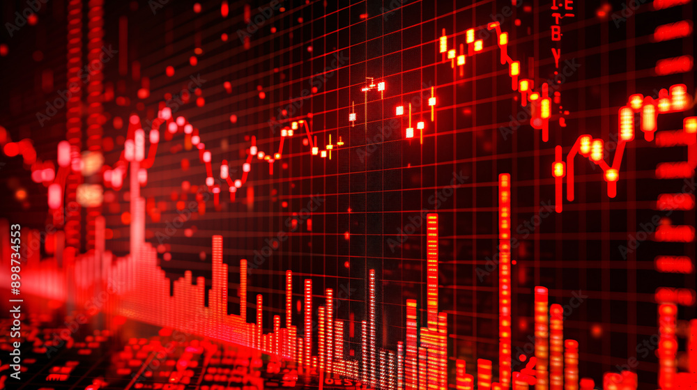 A high-definition stock trading chart illustrating a price decline, with red indicators and a detailed financial background A high-definition stock trading chart illustrating a price decline, with red indicators and a detailed financial background
