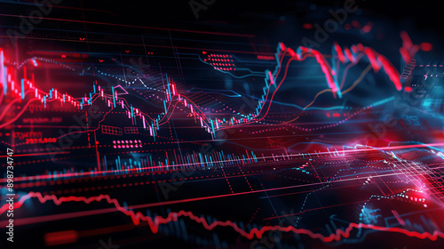 An ultra-high-definition image of a stock trading chart with a prominent downward trend, highlighted with red lines and negative growth indicators 