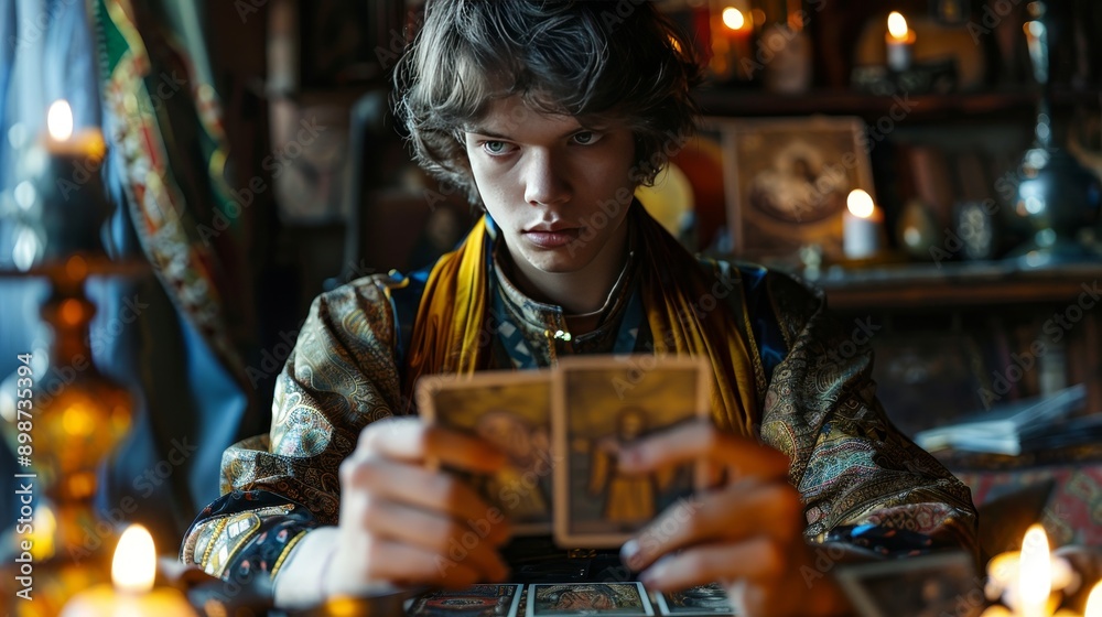 Young man reading tarot cards by candlelight. Esoteric atmosphere Young man reading tarot cards by candlelight. Esoteric atmosphere