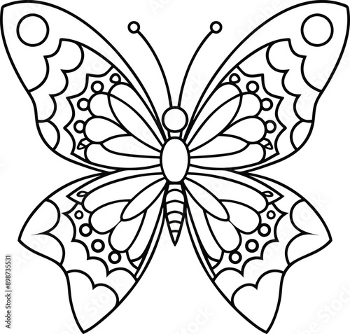 butterfly coloring page kids friendly simple line art cute flying insects with geometric flower mandala design pattern minimal clipart art KDP coloring interior