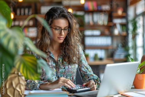 Beautiful businesswoman calculating invoice using calculator at desk in office.