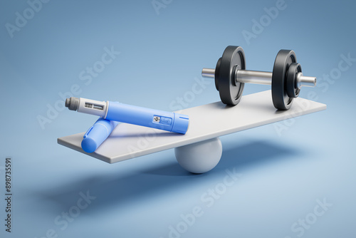 Two dosing pens of a fictitious semaglutide drug (GLP-1) on a scale facing a dumbbell. Concept for alternative ways to loose weight.