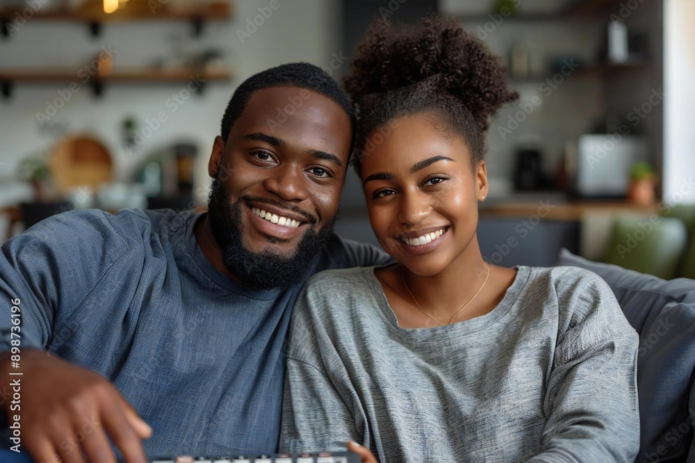 Beautiful couple sitting on the couch calculating bills together in their home. Beautiful couple sitting on the couch calculating bills together in their home.