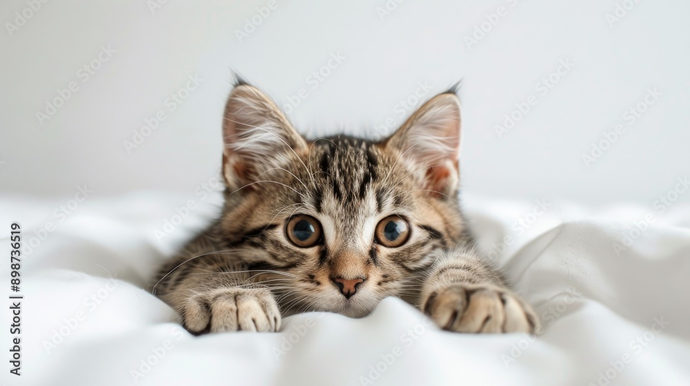 Curious Tabby Cat Posing in White Setting Curious Tabby Cat Posing in White Setting