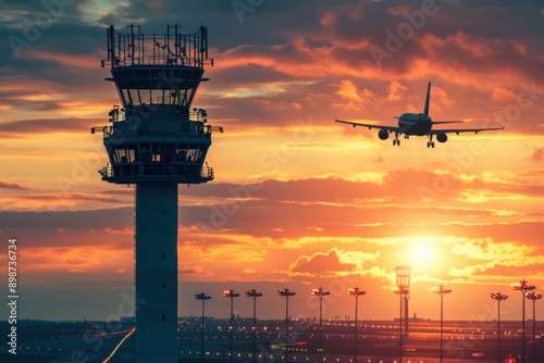 Airport air traffic control tower with airplane in the background landing or taking off at sunset. Air traffic control photo