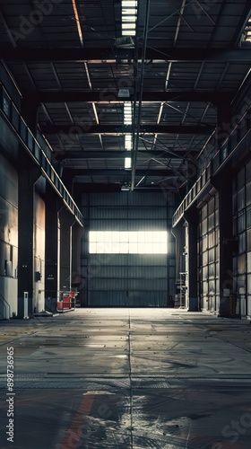 dark empty warehouse with high ceiling