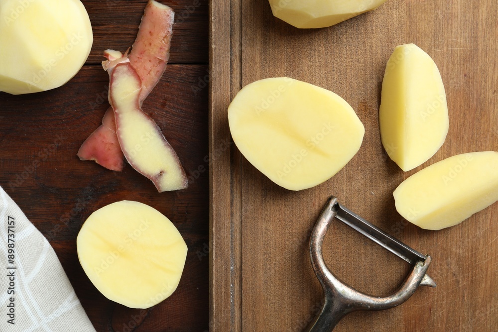 Fresh raw potatoes, peels and peeler on wooden table, top view Fresh raw potatoes, peels and peeler on wooden table, top view