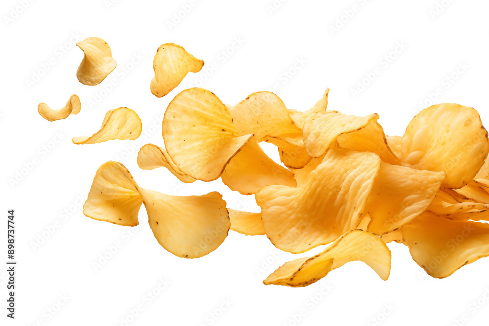 twisted potato chips lying in the air with transparent background high quality image
