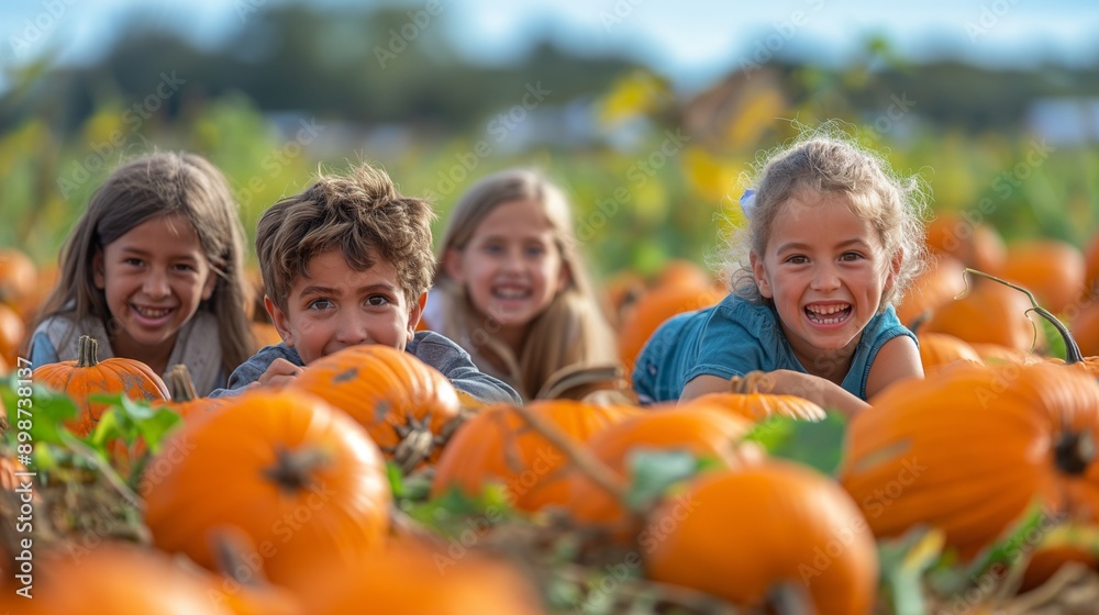 A group of happy children playing in a pumpkin patch during autumn, surrounded by pumpkins A group of happy children playing in a pumpkin patch during autumn, surrounded by pumpkins