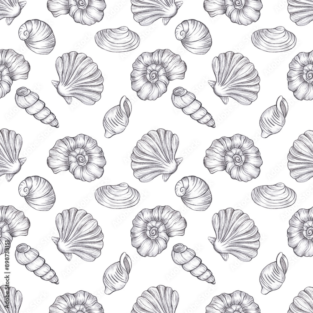 Hand drawn black coal pencil seashells seamless pattern isolated on white background. Marine illustration can be used for textile, fabric, scrapbook and other printed products.