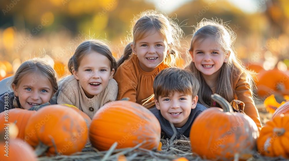 A group of happy children playing in a pumpkin patch during autumn, surrounded by pumpkins A group of happy children playing in a pumpkin patch during autumn, surrounded by pumpkins