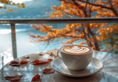 A Cup Of Coffee With Autumn Foliage And A Small Pumpkin