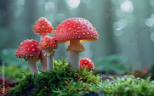 Orange And White Toadstools Growing In A Forest During The Day