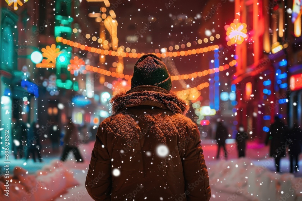 Back view of a person in a winter coat, colorful city lights, and snow, holiday spirit Back view of a person in a winter coat, colorful city lights, and snow, holiday spirit