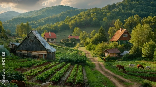 Vibrant farmlands with lush green crops and traditional wooden farmhouses