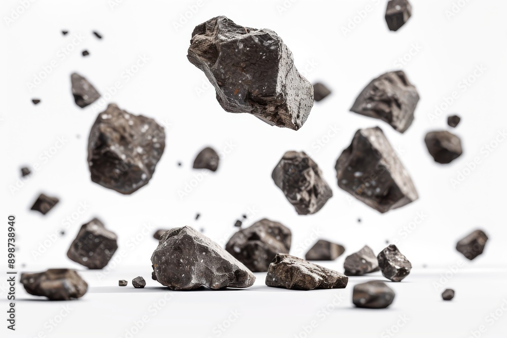 A collection of rocks falling and resting on a white surface