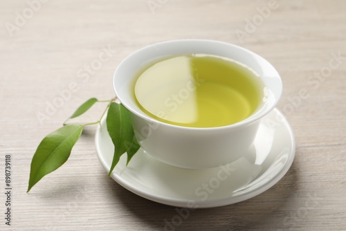 Wallpaper Mural Refreshing green tea in cup and leaves on wooden table, closeup Torontodigital.ca