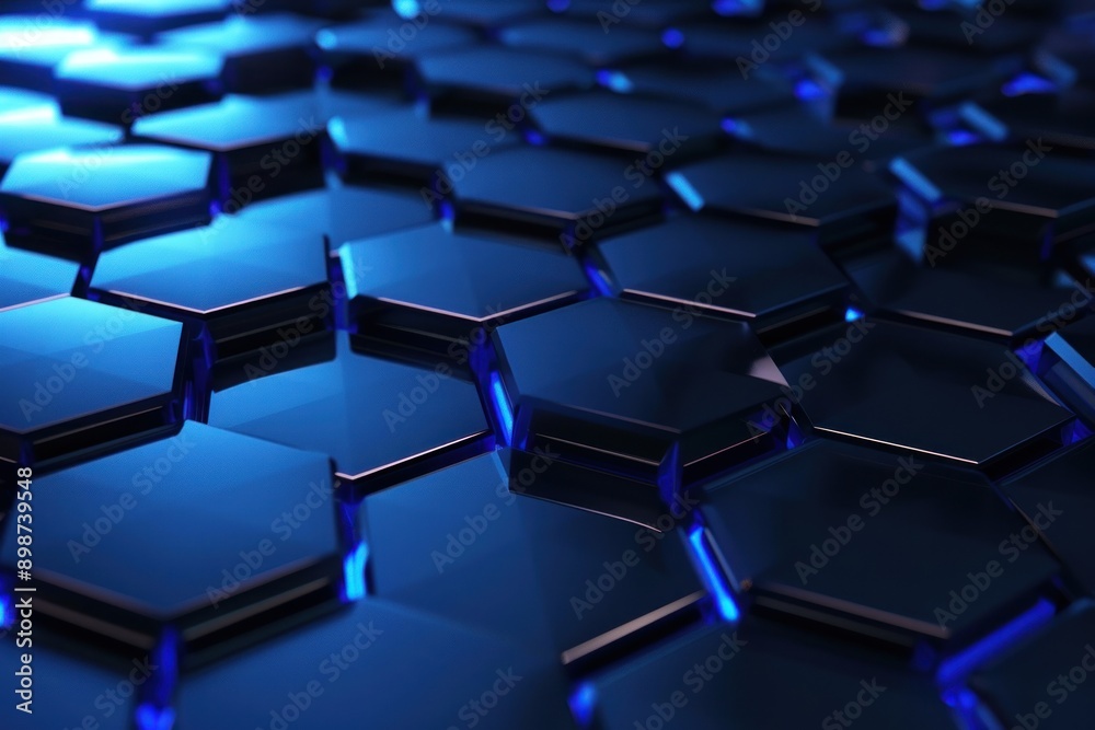 Blue luminous lines and highlights on a modern dark carbon fiber hexagonal background Blue luminous lines and highlights on a modern dark carbon fiber hexagonal background