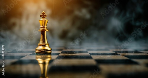 Golden Chess King Standing on a Checkerboard With Glowing Lights in the Backg...