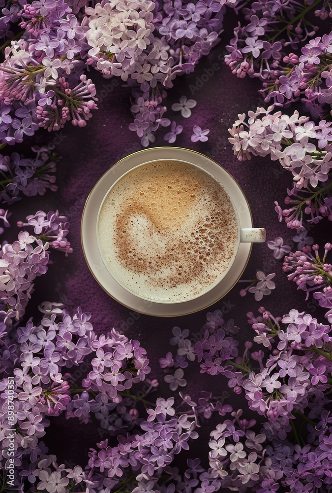 A Cup of Coffee Surrounded by Purple Flowers A Cup of Coffee Surrounded by Purple Flowers
